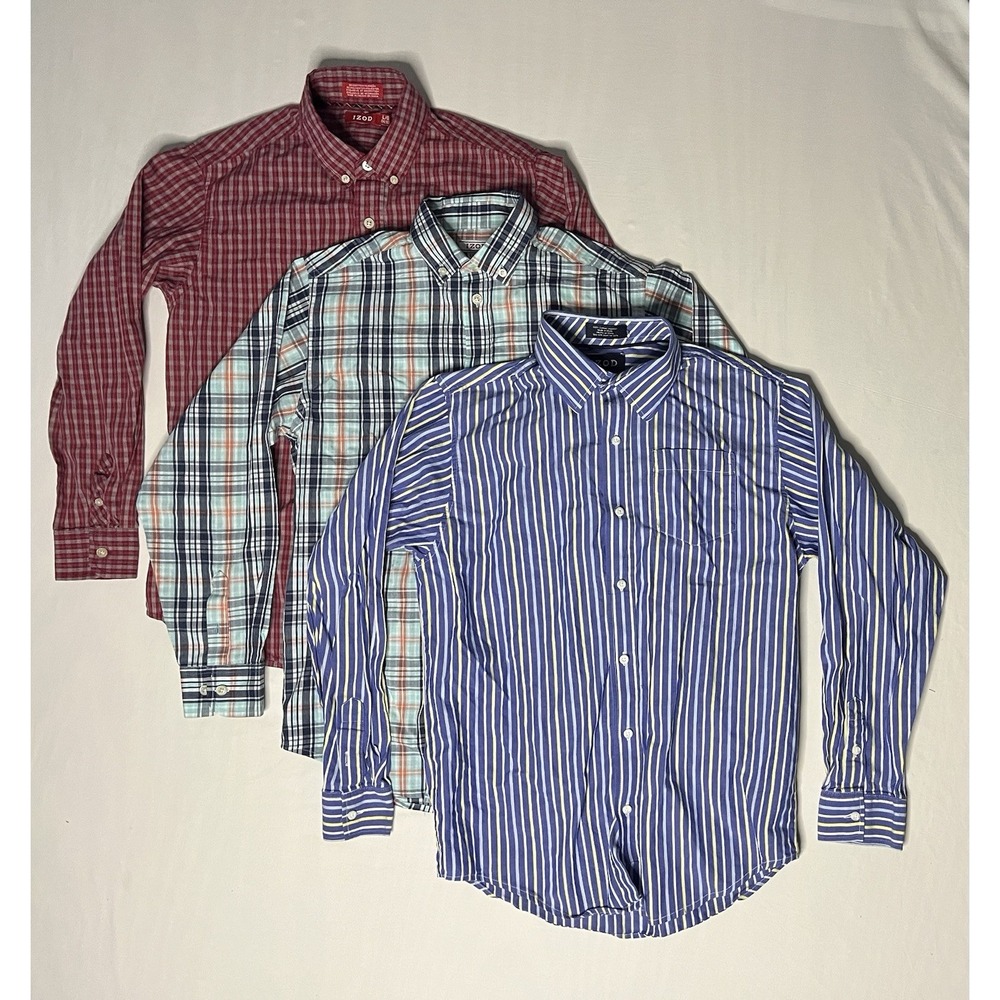 Izod Oxford Dress Shirts Boy's Size Large 14/16 Plaid Stripes Long Sleeve Lot X3